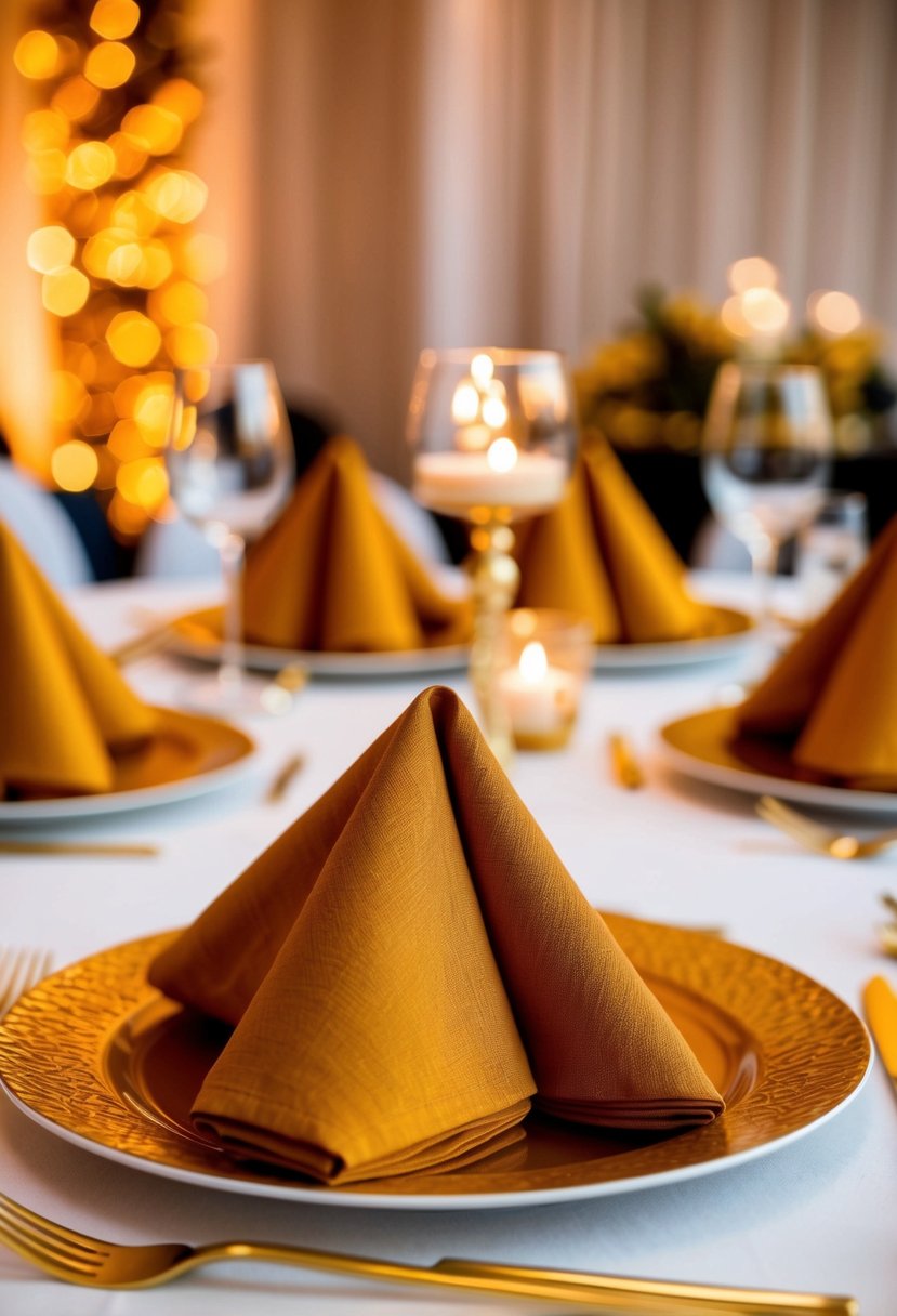 Amber napkins folded into decorative shapes on a wedding reception table, surrounded by golden accents and warm lighting