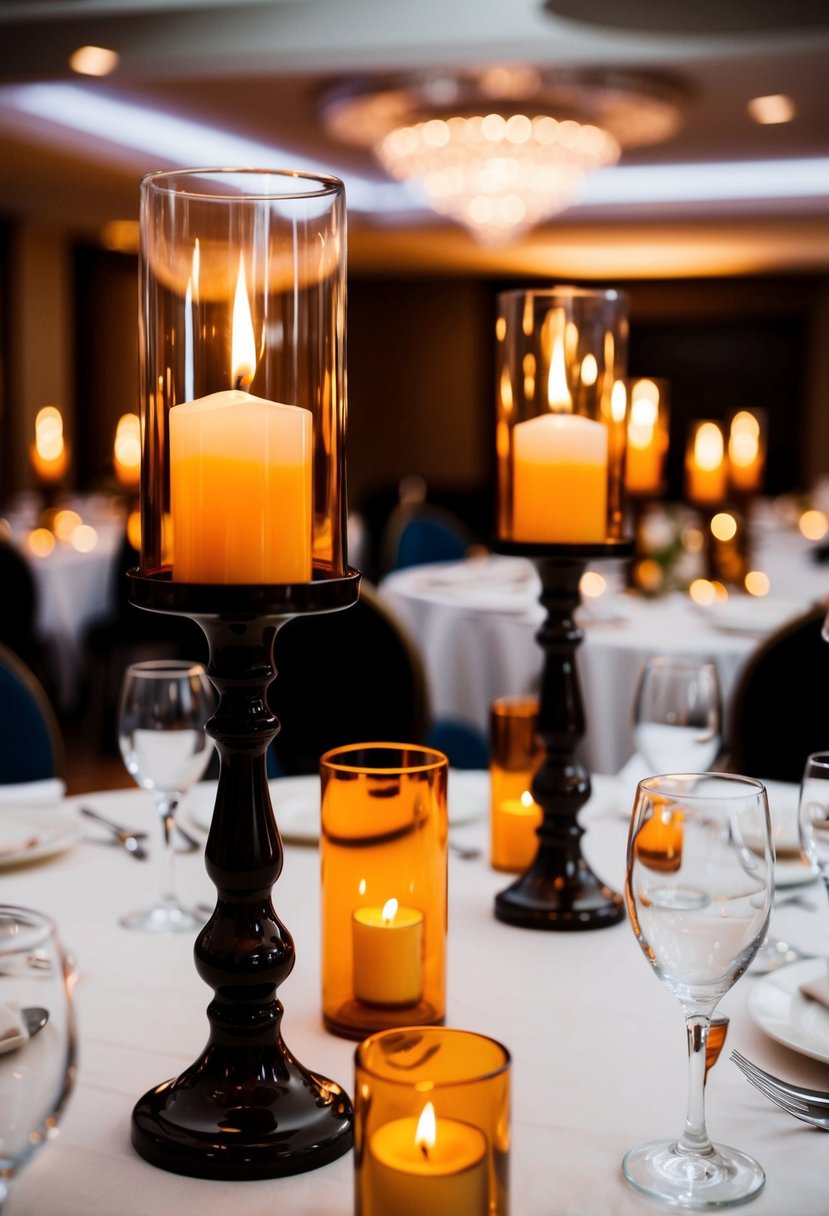 A table set with amber candle holders, casting a warm glow over a wedding reception