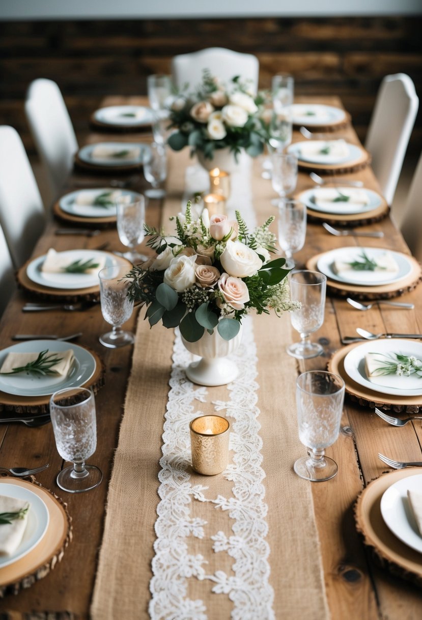 A rustic wooden table adorned with burlap and lace runners, set with elegant tableware and floral centerpieces