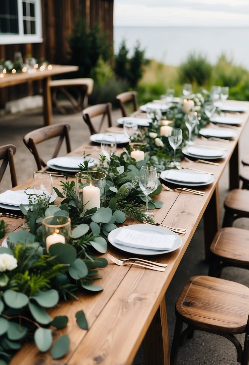 A rustic wooden wedding table adorned with greenery garlands of eucalyptus and affordable floral decorations