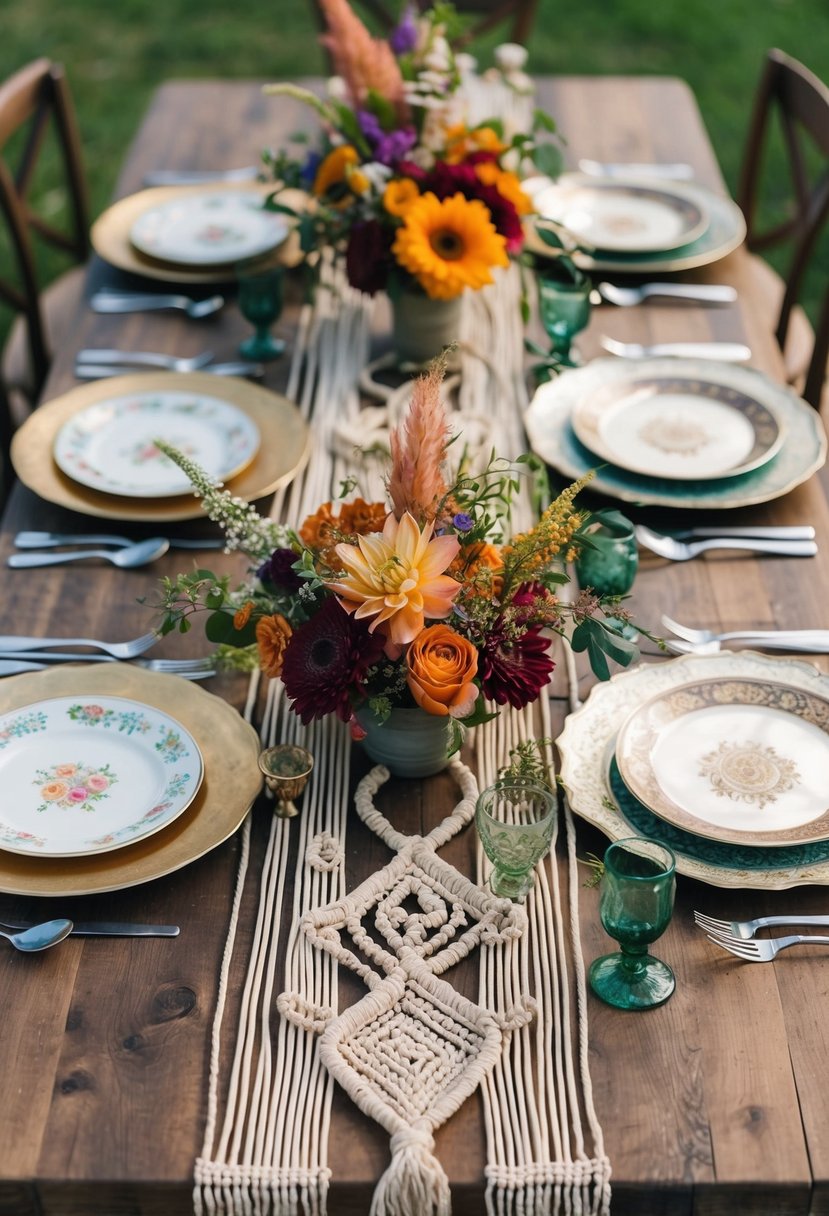 A bohemian wedding table adorned with vibrant flowers, macramé runners, and mismatched vintage plates. A mix of earthy tones and metallic accents creates a whimsical and romantic atmosphere