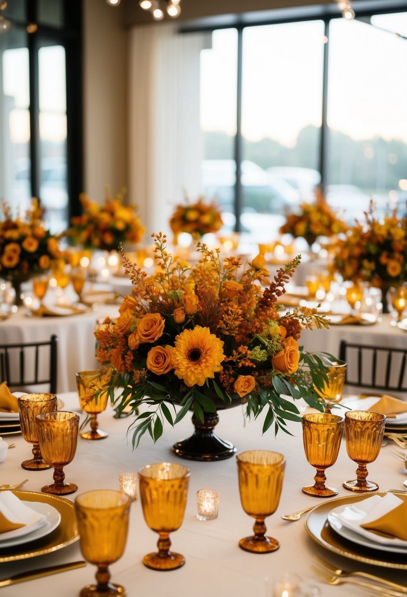 A table adorned with amber floral arrangements, creating a warm and elegant wedding centerpiece