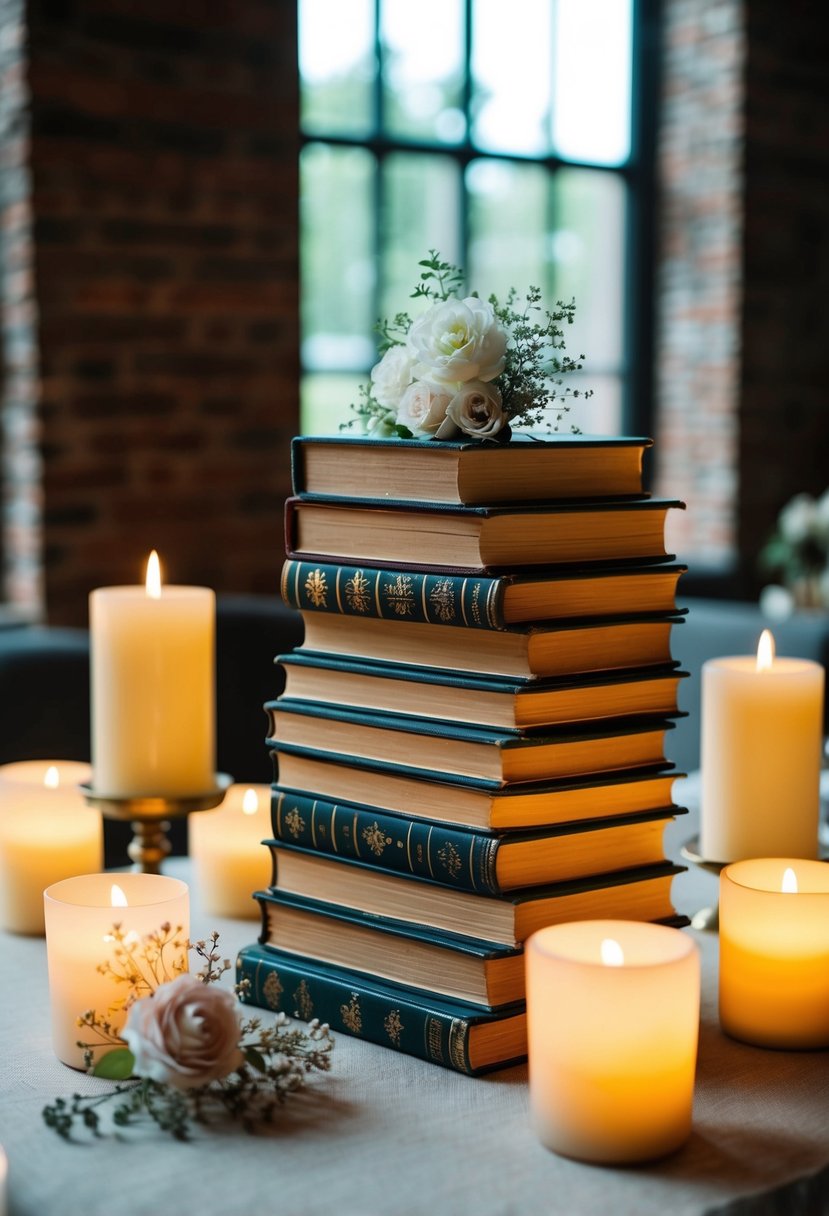 A stack of vintage books arranged on a table, adorned with delicate flowers and surrounded by flickering candles