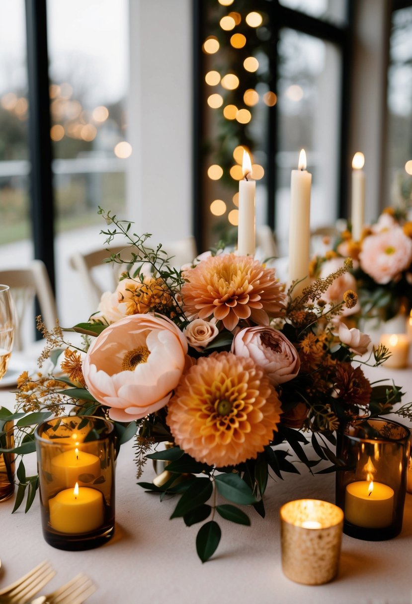 A table adorned with amber and blush blooms, accented with delicate greenery and golden candlelight