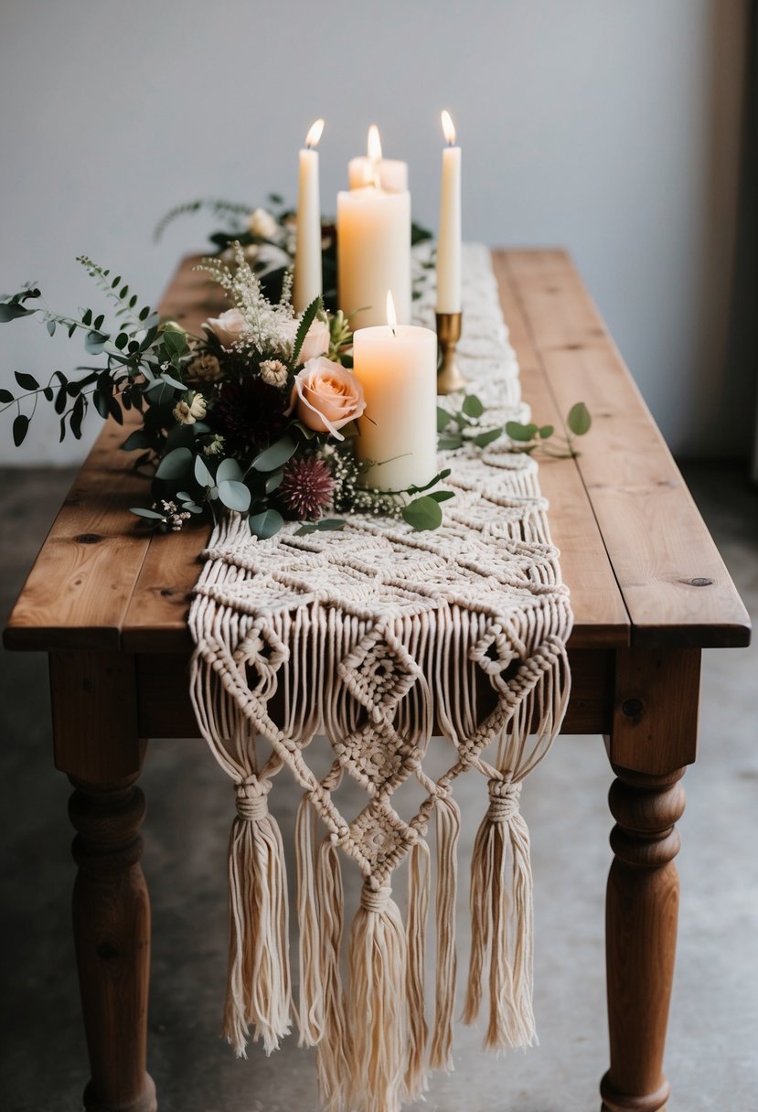 A wooden table with a macrame table runner draped across it, adorned with bohemian wedding decor such as candles, flowers, and greenery