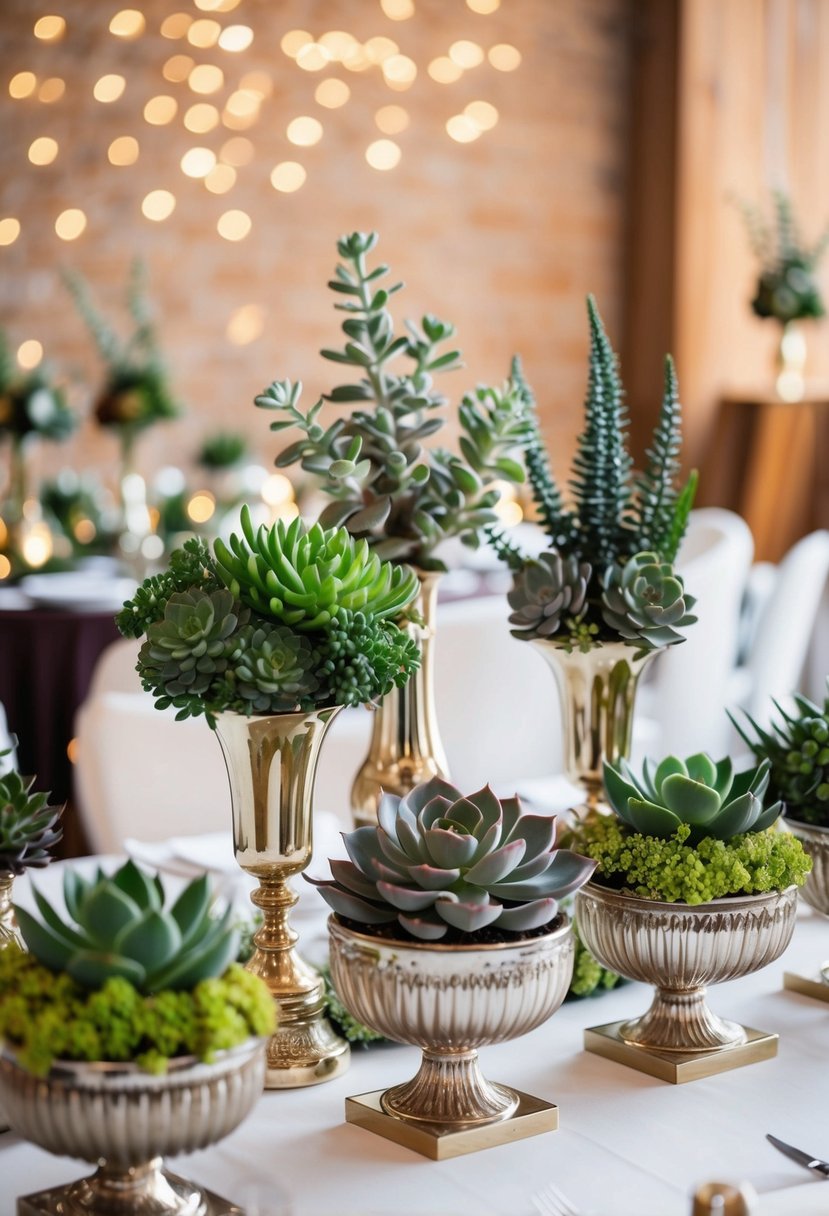 A table adorned with various succulent arrangements in elegant vases, creating a beautiful and affordable wedding decoration