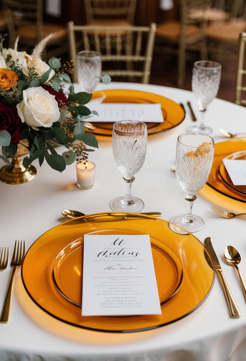 A table set with amber glass chargers, adorned with elegant wedding decorations