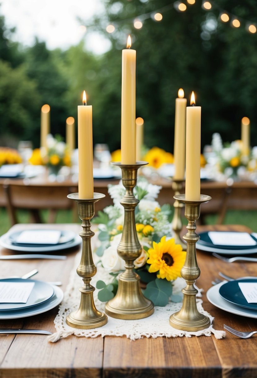 A table set with vintage brass candlesticks, adorned with bohemian wedding decor