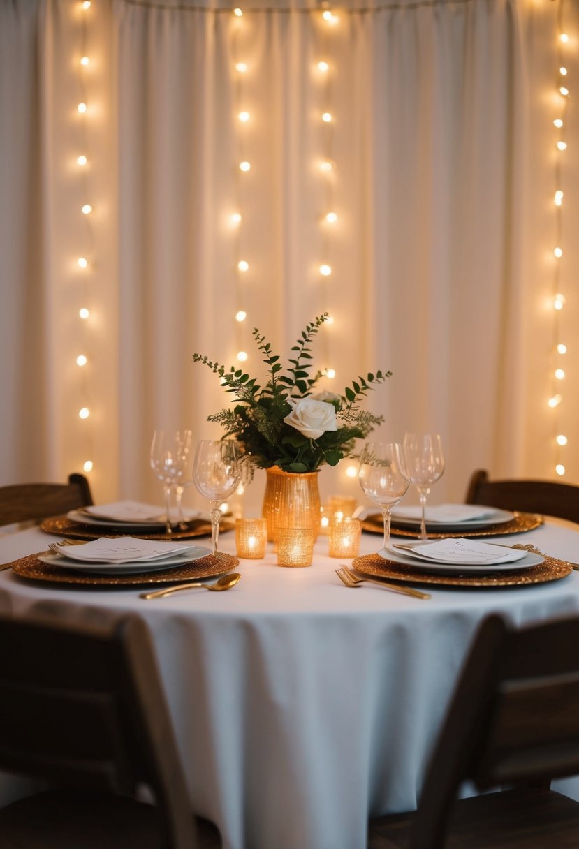 A table adorned with twinkle lights casting a soft, warm glow