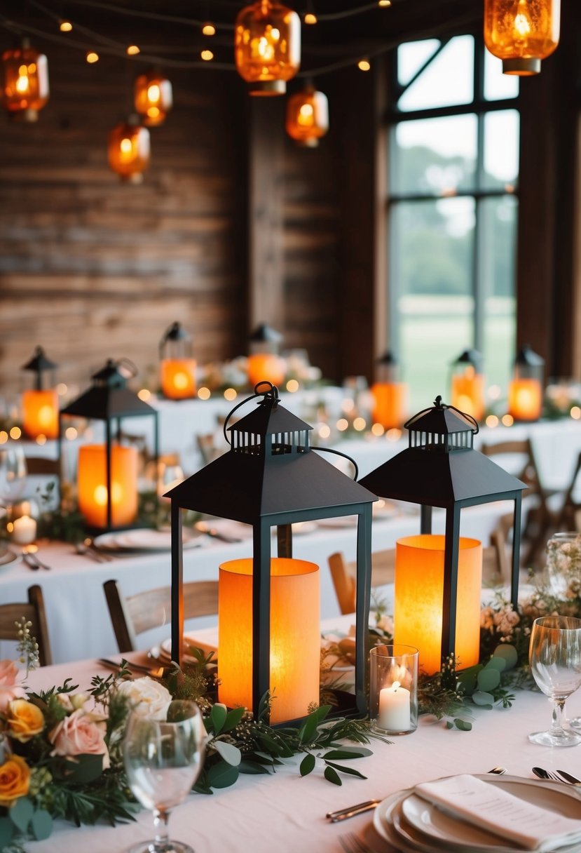 Amber lanterns casting warm glow on wedding table with delicate floral arrangements