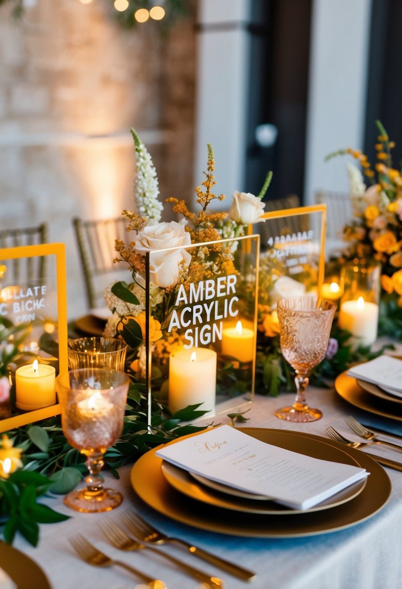 A table adorned with amber acrylic signs, surrounded by delicate floral arrangements and glowing candlelight