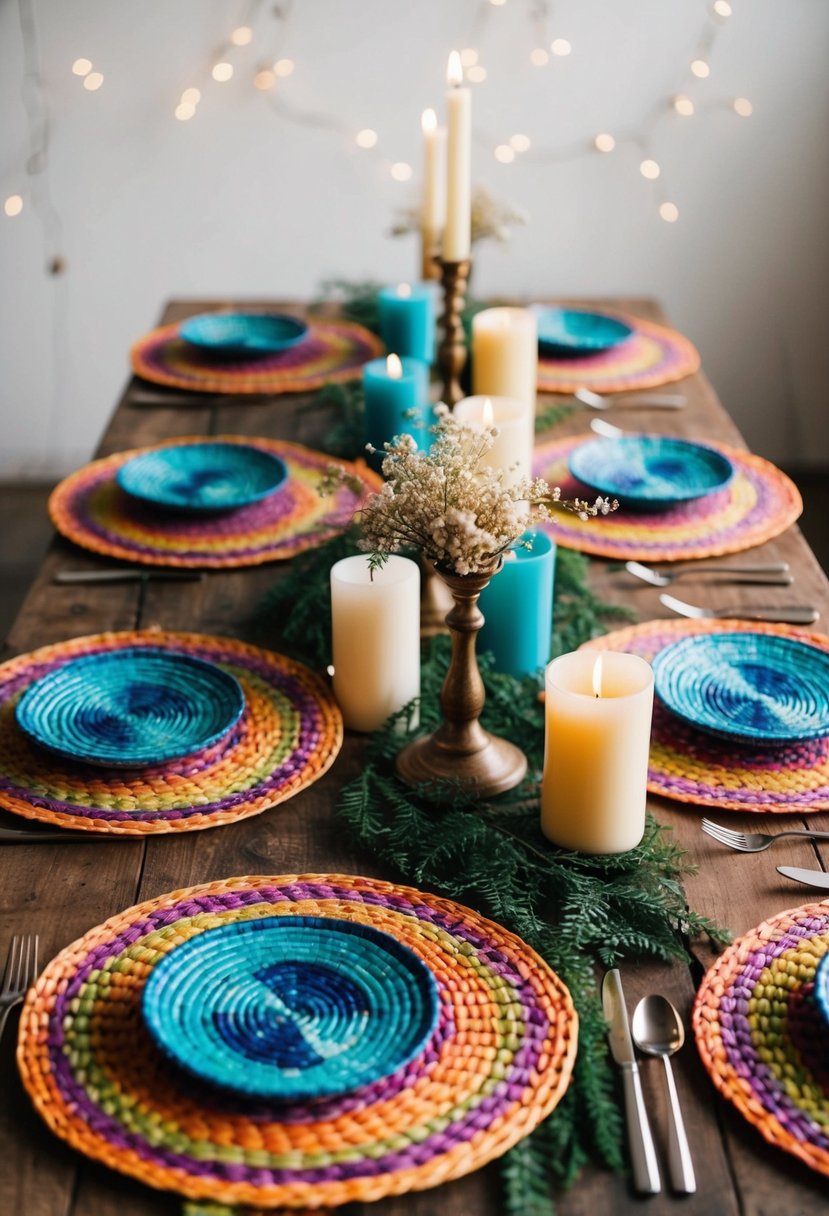 Colorful woven placemats arranged on a rustic wooden table with bohemian-inspired centerpieces and candles