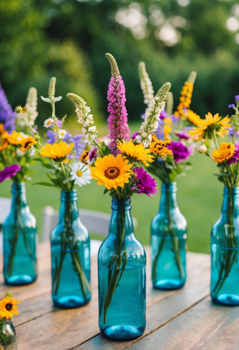 Bottle vases filled with colorful wildflowers arranged on a rustic wooden table for a budget-friendly wedding decoration