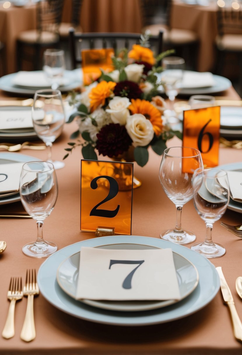 A table set with amber-colored numbers and decorations for a wedding reception