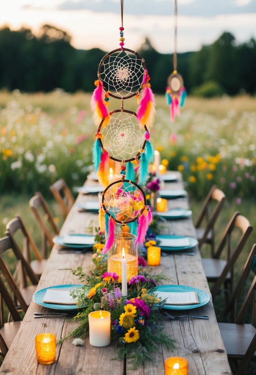 A rustic wooden table adorned with vibrant bohemian dreamcatcher centerpieces, surrounded by wildflowers and candles, creating a whimsical boho wedding atmosphere