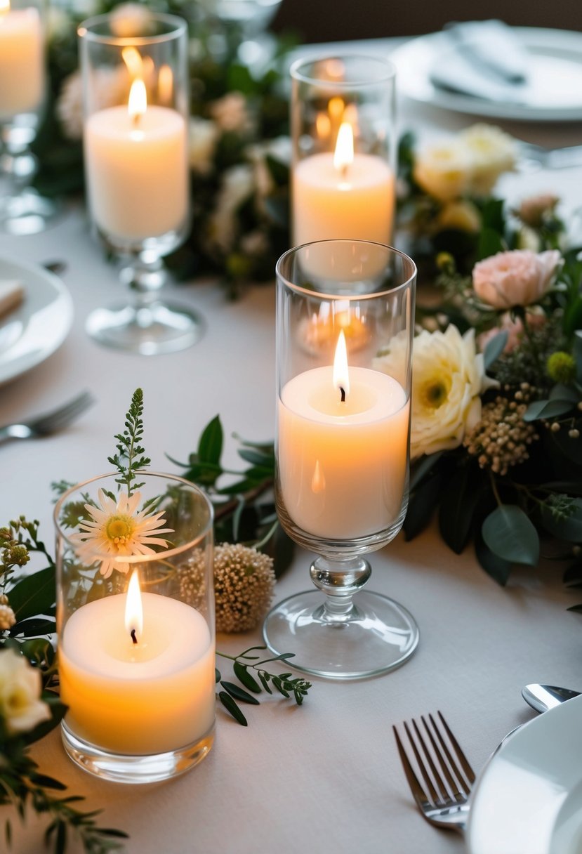 A table set with floating candle centerpieces in glass vases, surrounded by delicate flowers and greenery