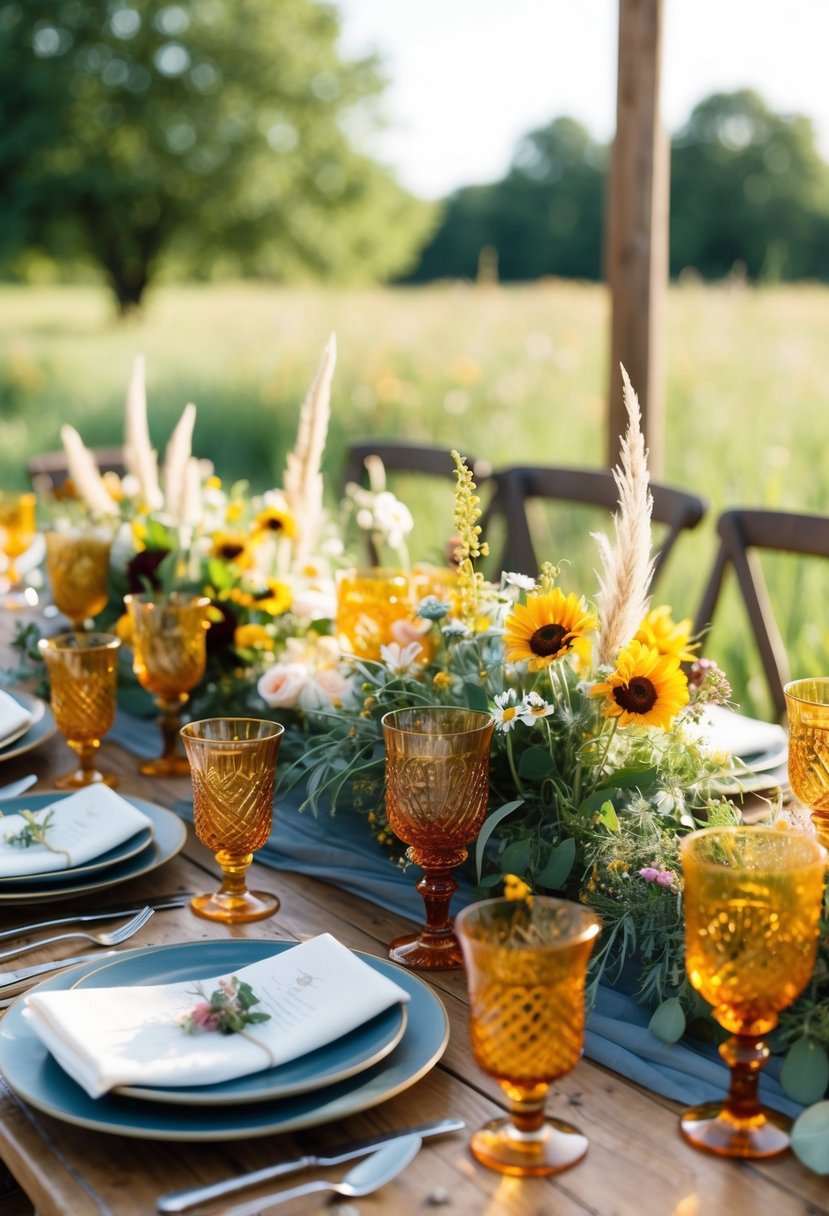 An outdoor wedding table adorned with amber glassware, wildflowers, and bohemian accents