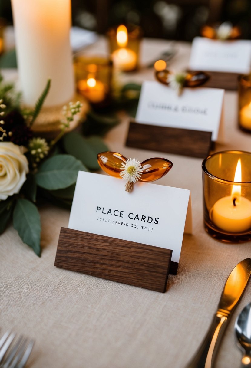 Amber and wood place cards arranged on a rustic wedding table with soft candlelight and floral accents