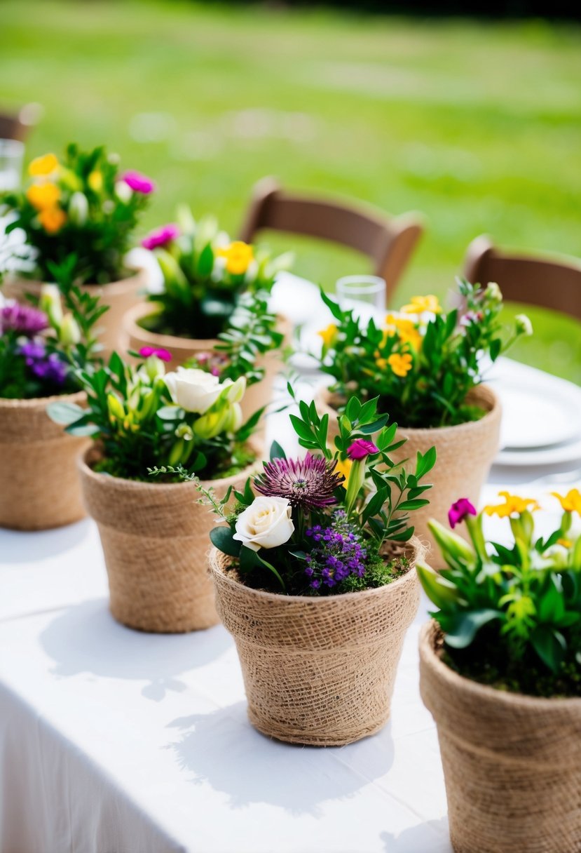 Several hessian-wrapped pots arranged on a table, filled with vibrant flowers and greenery, serving as affordable wedding table decorations