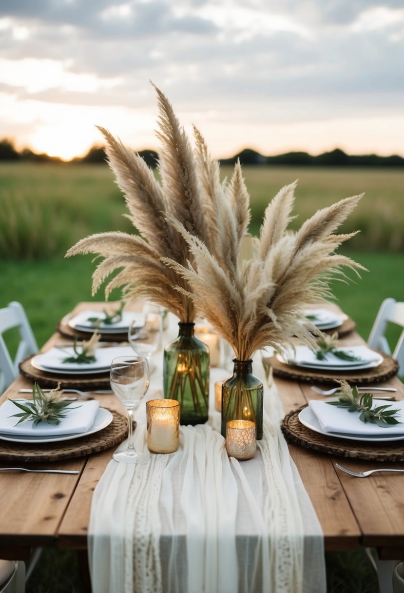 Pampas grass arranged on a boho wedding table with candles and rustic decor