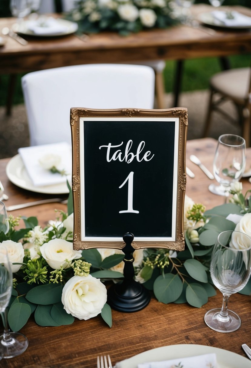 A chalkboard table number set on a rustic wooden table surrounded by elegant place settings and floral centerpieces