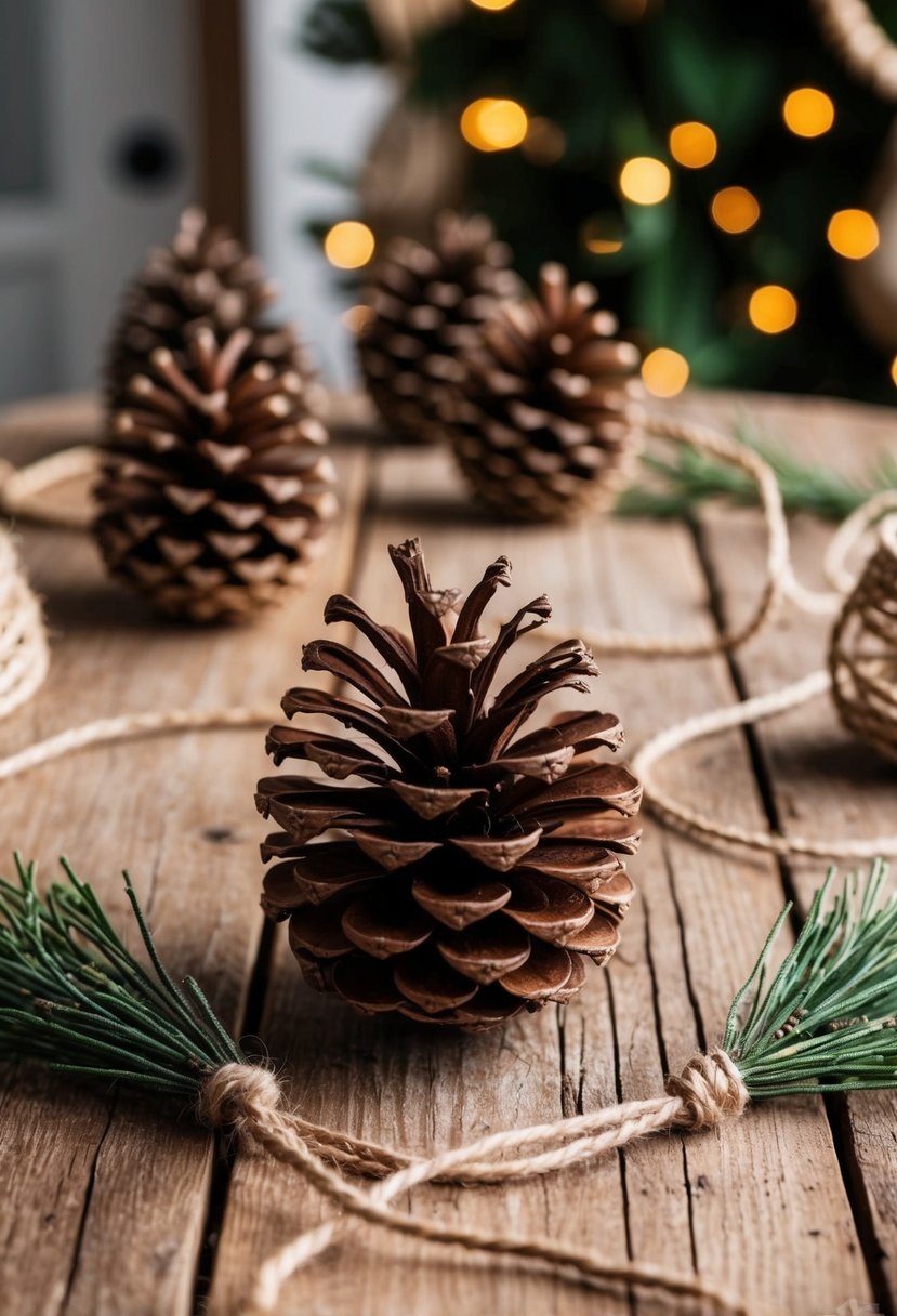 A rustic table adorned with pinecones and twine decorations