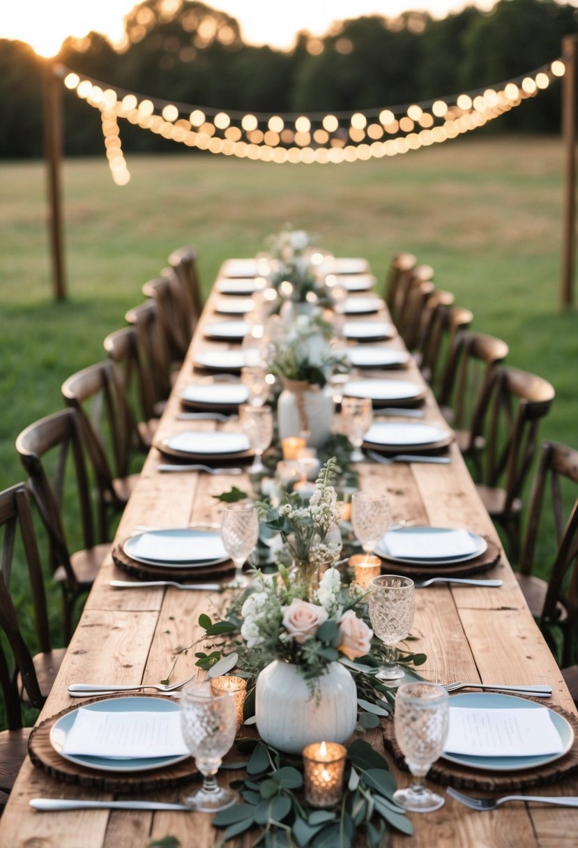 Rustic wooden tables adorned with bohemian wedding decorations