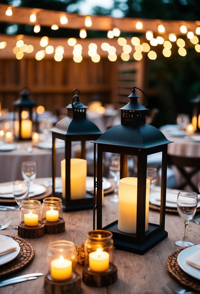 Antique lanterns adorned with tea lights illuminate rustic wedding tables