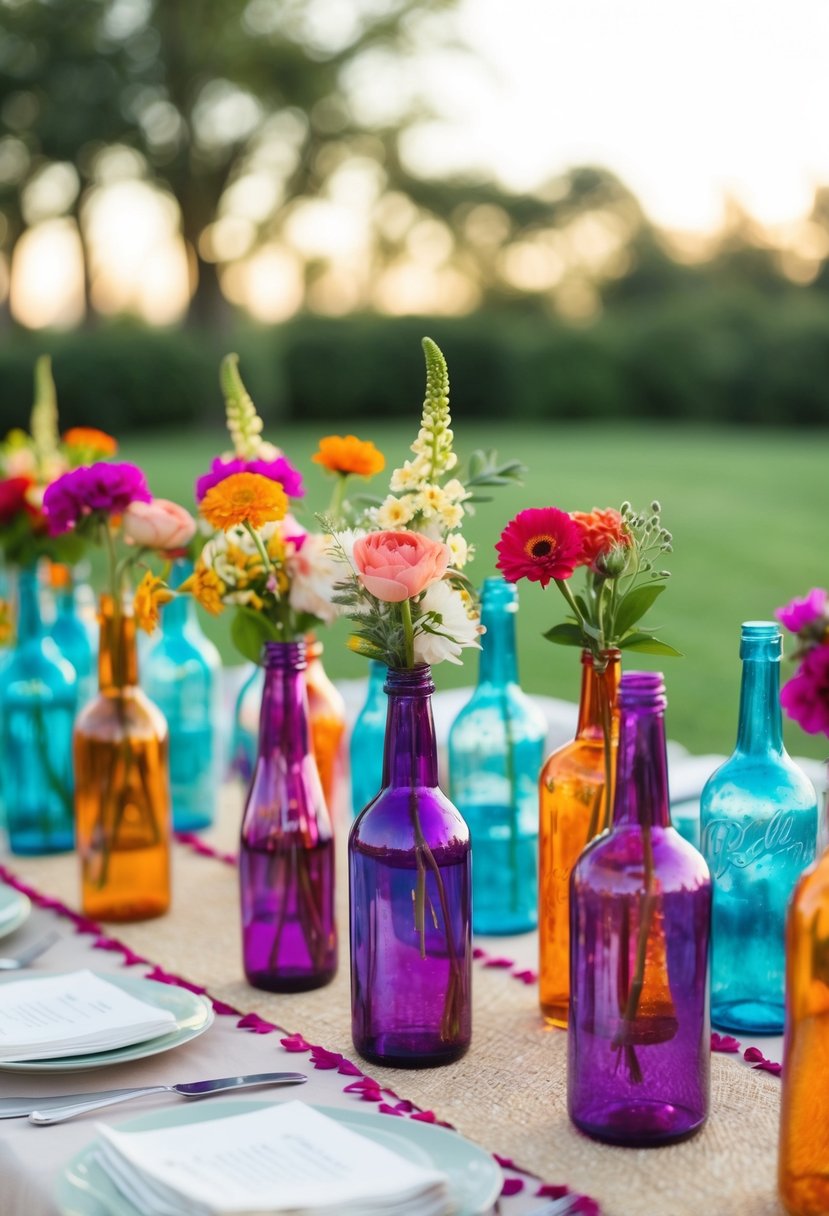 Vibrant glass bottles arranged with flowers on a boho wedding table