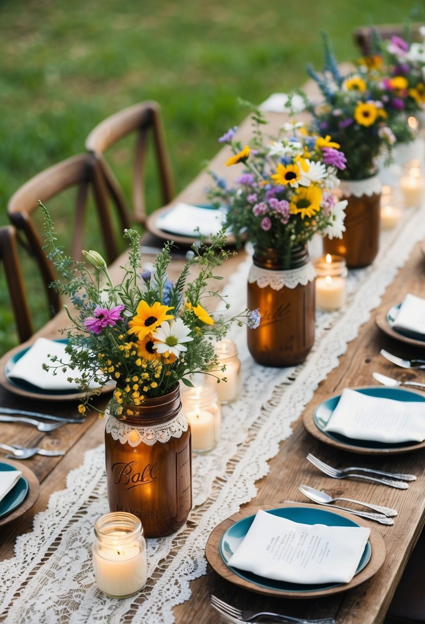 A rustic wooden table adorned with wildflowers in mason jar vases, surrounded by candles and vintage lace for a boho wedding