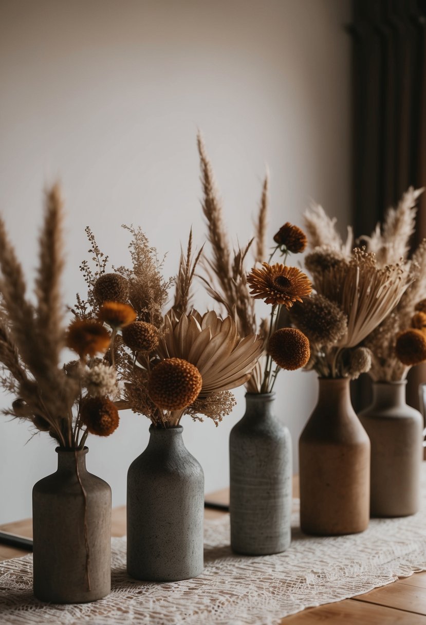 Dried flowers arranged in rustic vases on a bohemian wedding table