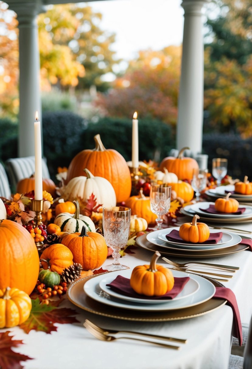 An elegant table set with rich autumn colors and seasonal elements like pumpkins, gourds, and fall foliage