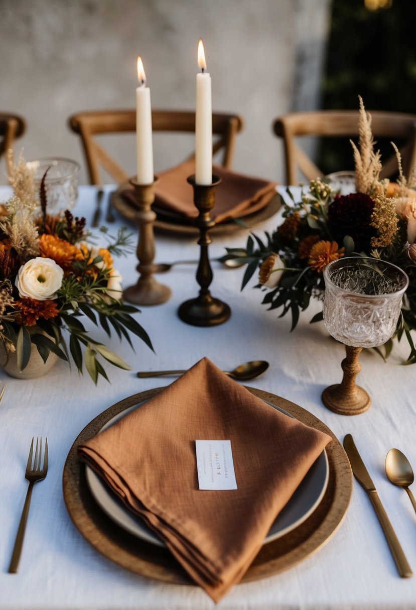 Linen napkins in earthy tones arranged in a boho wedding table setting with rustic floral centerpieces and vintage candle holders