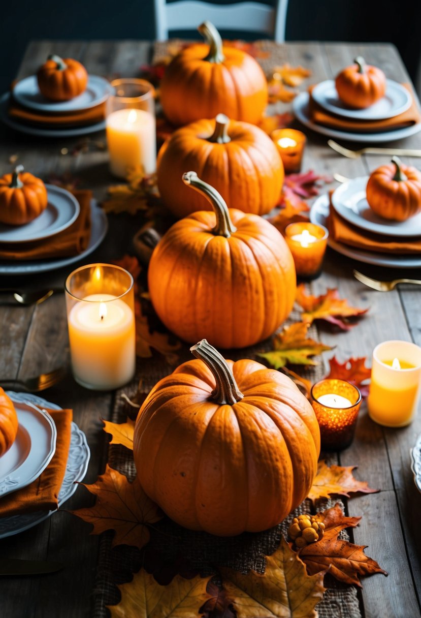 Pumpkins arranged as centerpieces on a rustic wooden table, surrounded by autumn leaves and candles, creating an authentic fall atmosphere