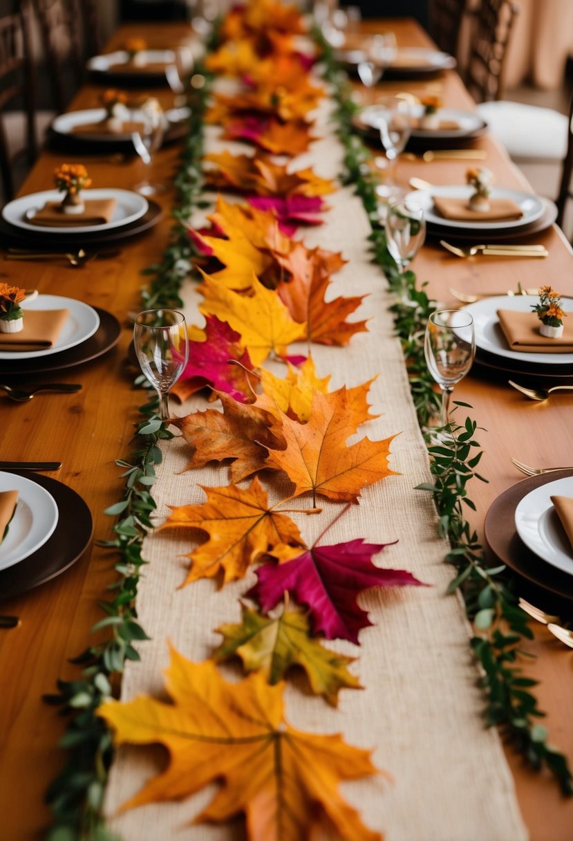 Vibrant autumn leaves cascade down tables with runners, creating a warm and festive atmosphere for a wedding celebration