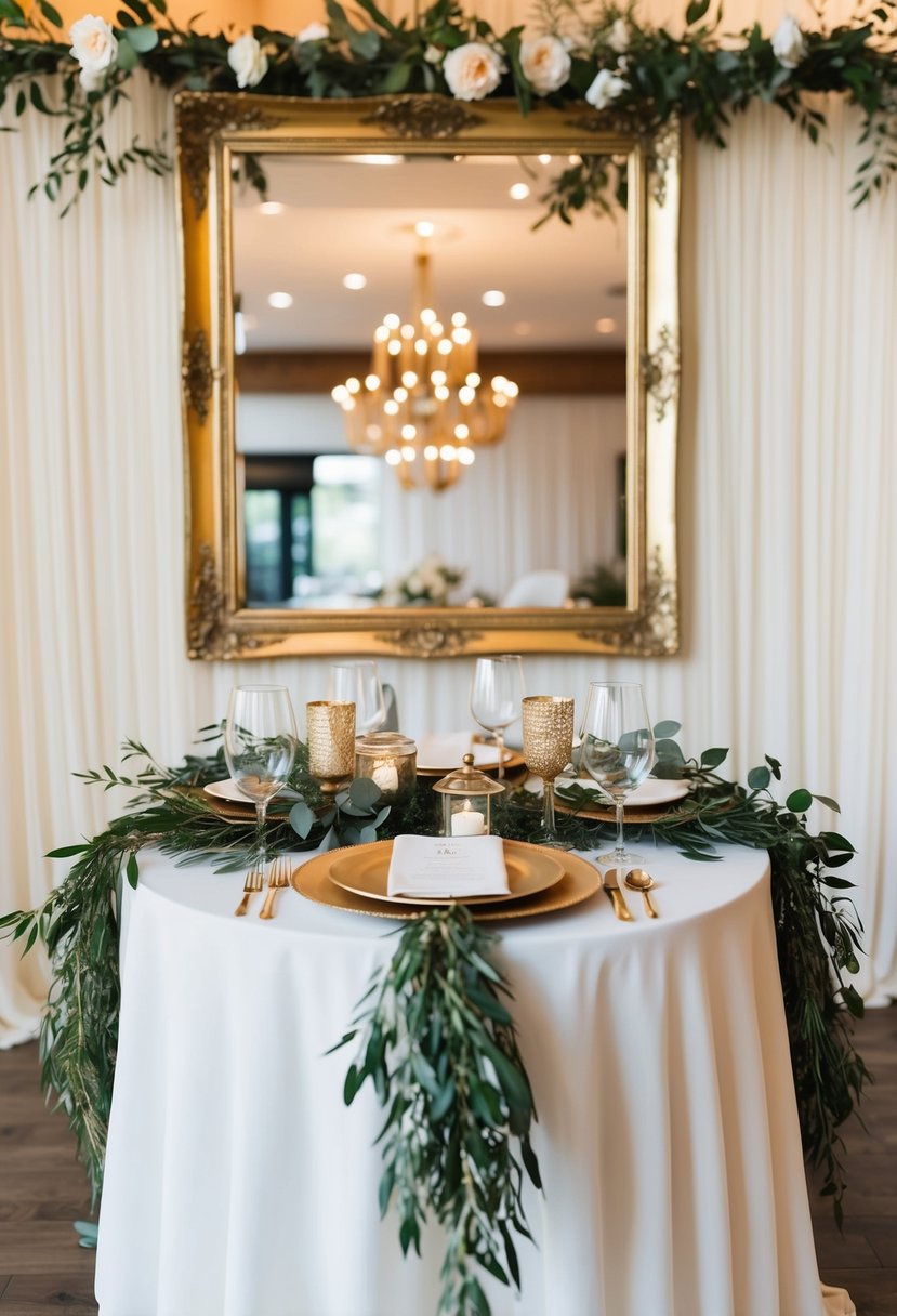 A table adorned with gold-framed mirrors, draped with bohemian wedding decor