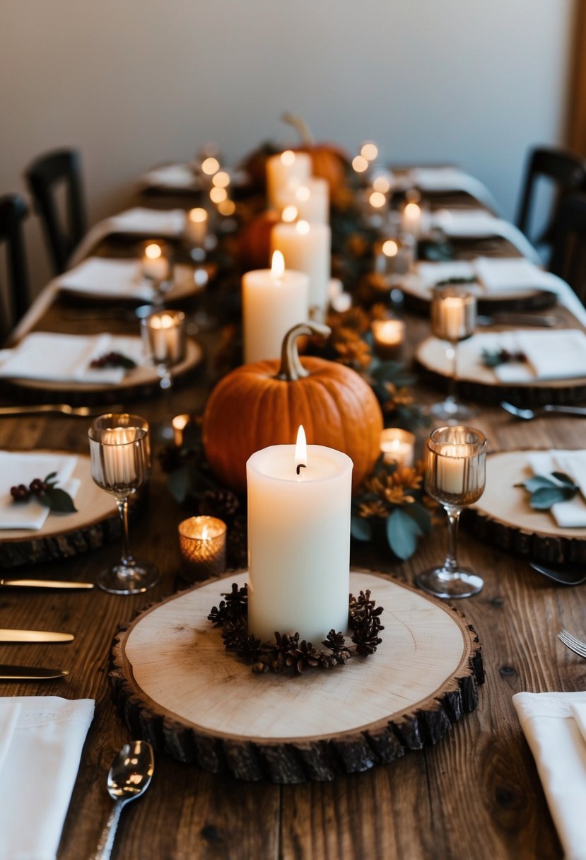 Rustic wood slices with candles and decor, creating a cozy autumn wedding table setting