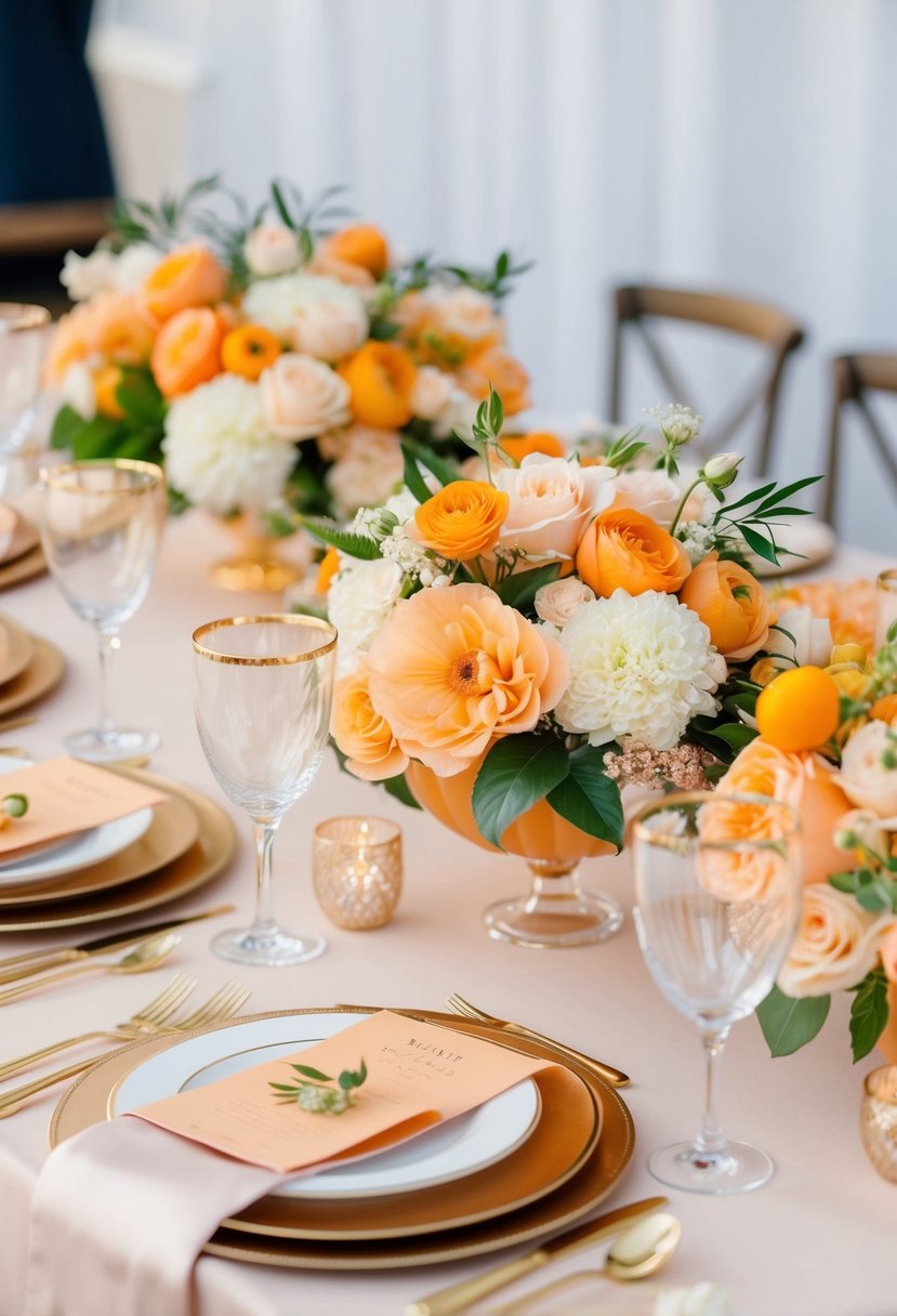 An elegant apricot-themed wedding table set with fresh flowers, delicate linens, and golden accents