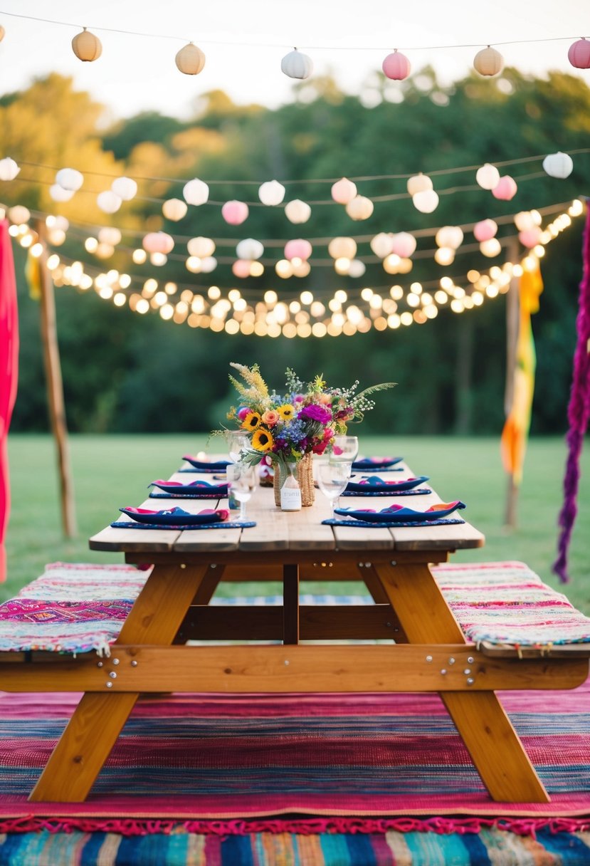 Colorful rugs cover picnic tables adorned with bohemian wedding decor