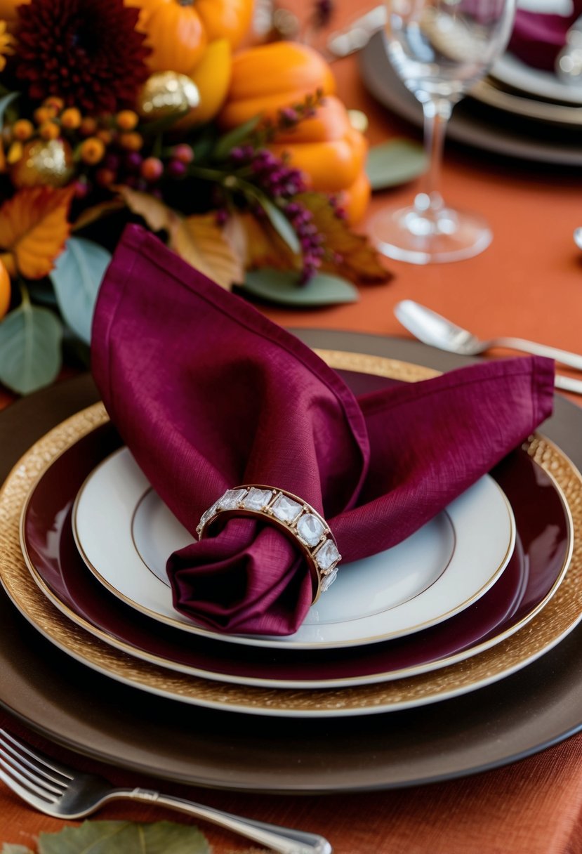 Burgundy napkin rings encircle folded napkins on a rich autumn-themed table setting, adding a touch of elegance to the wedding decor