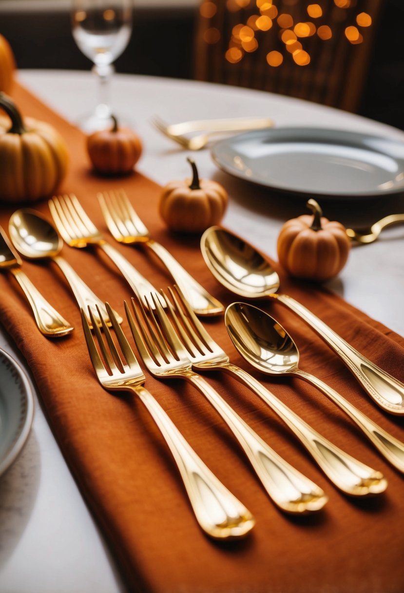 Golden cutlery arranged on a table with warm fall tones