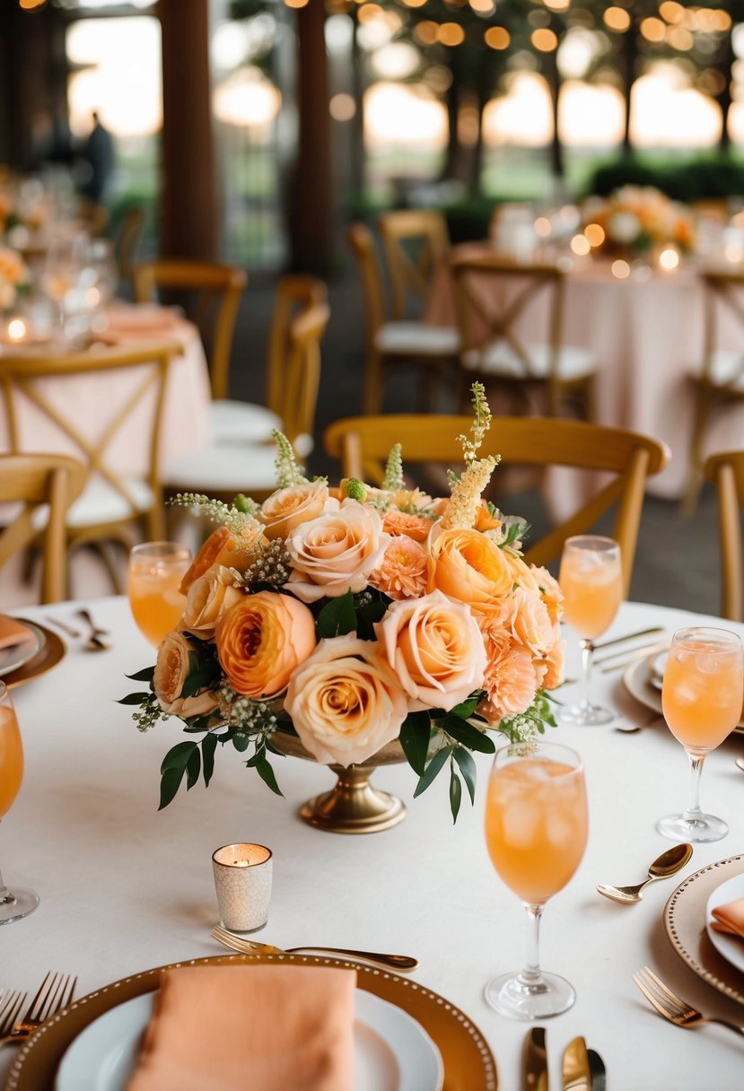 A table adorned with warm apricot and peach floral centerpieces for a wedding celebration