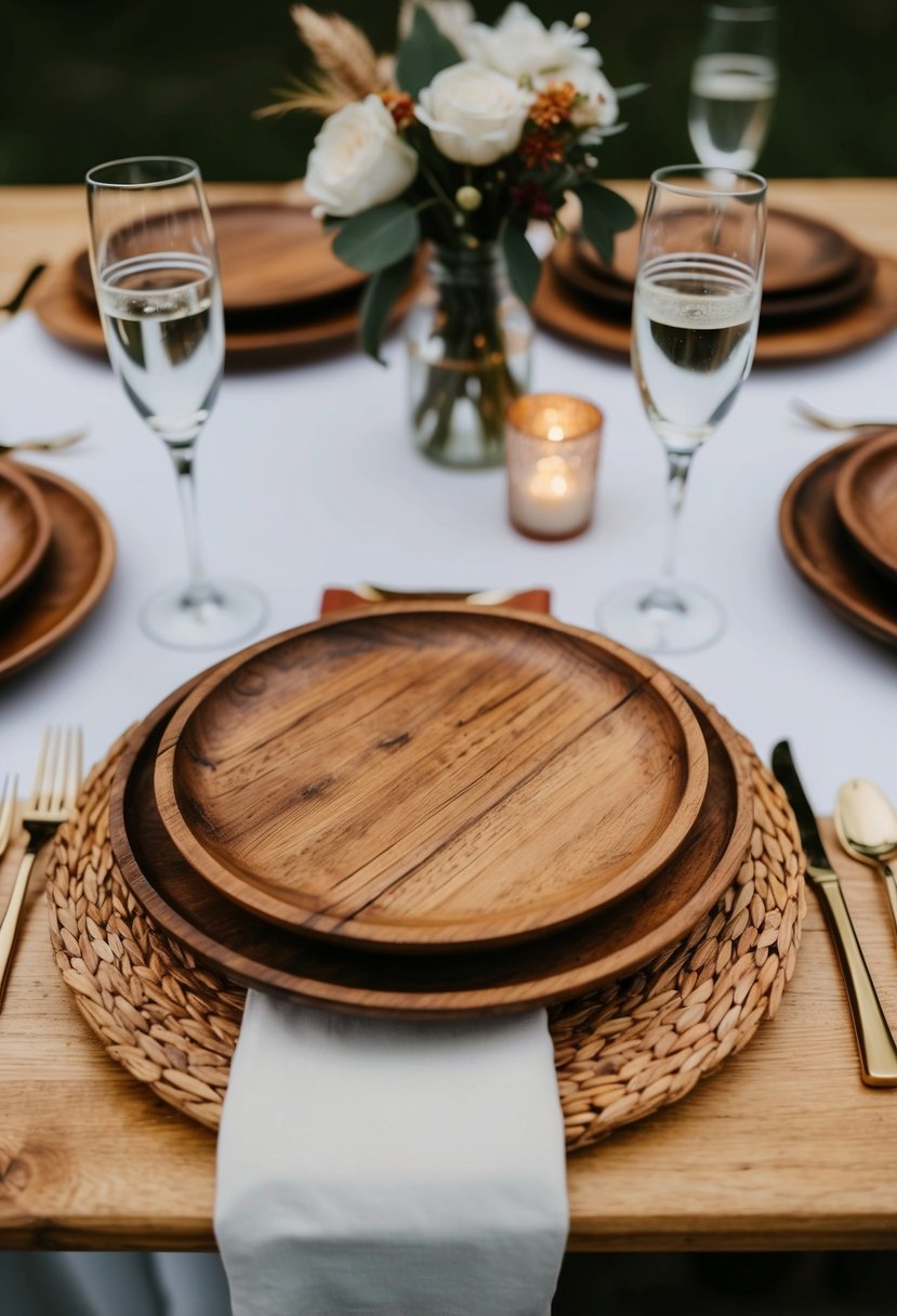 Rustic wooden chargers arranged with boho table decor for a wedding setting