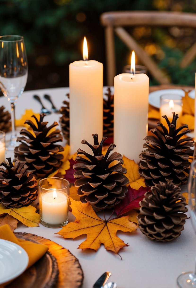 Pine cones arranged on a table, surrounded by autumn leaves and candles for a rustic wedding centerpiece