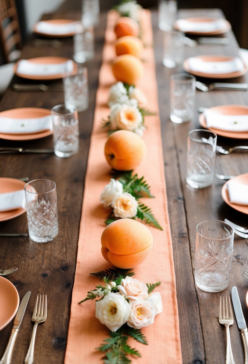 A rustic wooden table runner with apricot accents, adorned with delicate apricot wedding decorations