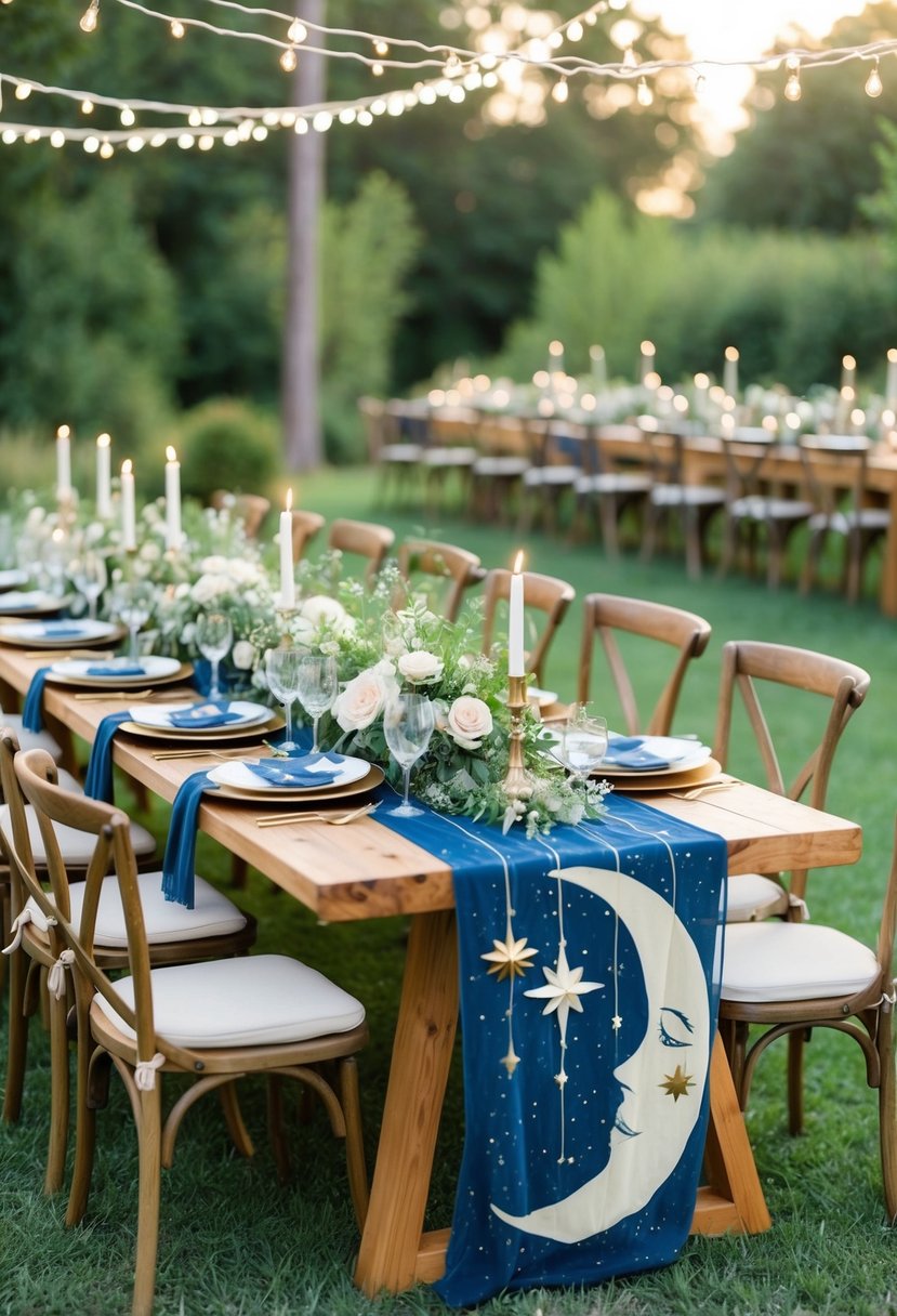 A boho wedding table adorned with celestial-inspired designs, featuring dreamy moon and star motifs, twinkling fairy lights, and lush greenery