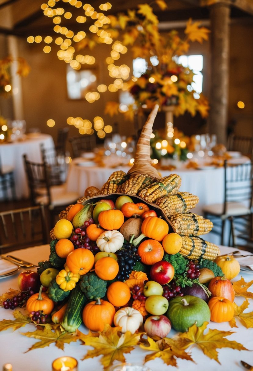 A bountiful cornucopia overflowing with autumn fruits and vegetables, surrounded by golden leaves and rustic accents on a wedding reception table