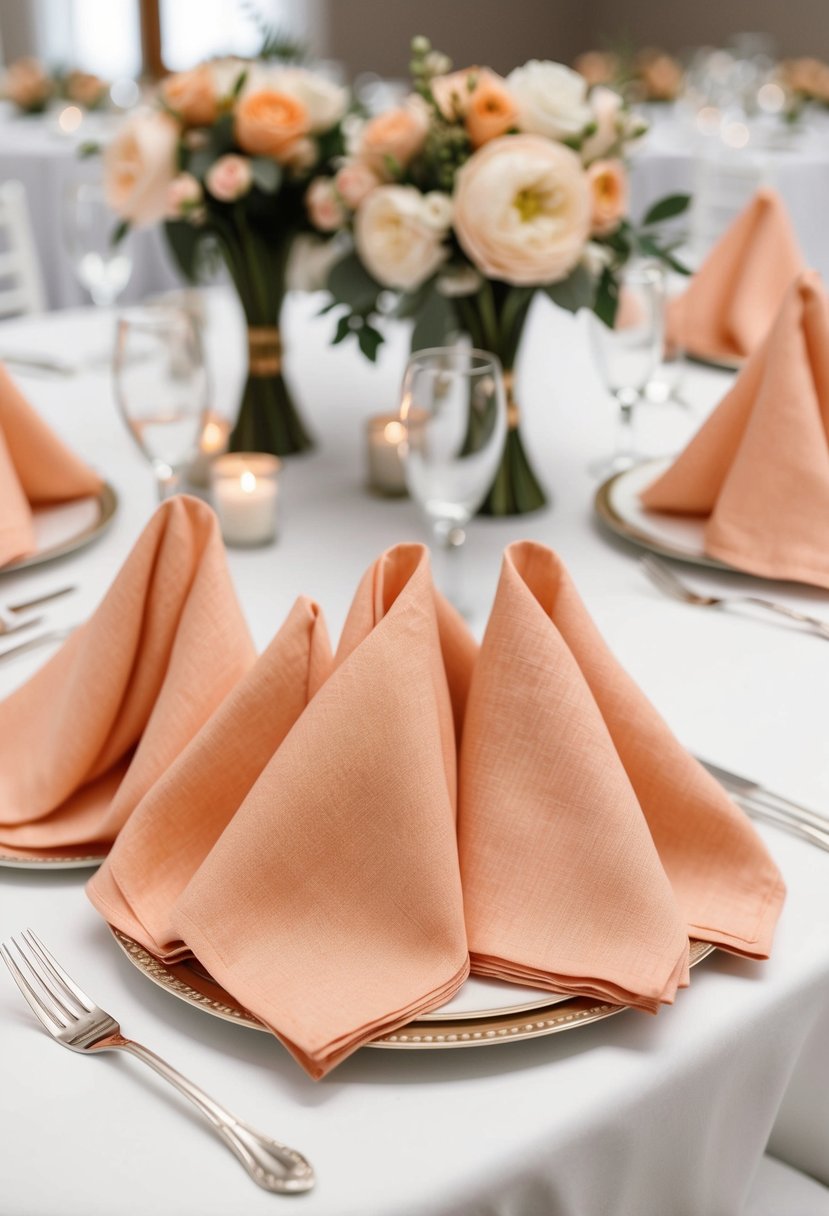 Delicate apricot linen napkins arranged in an elegant display on a wedding reception table, complemented by matching floral centerpieces