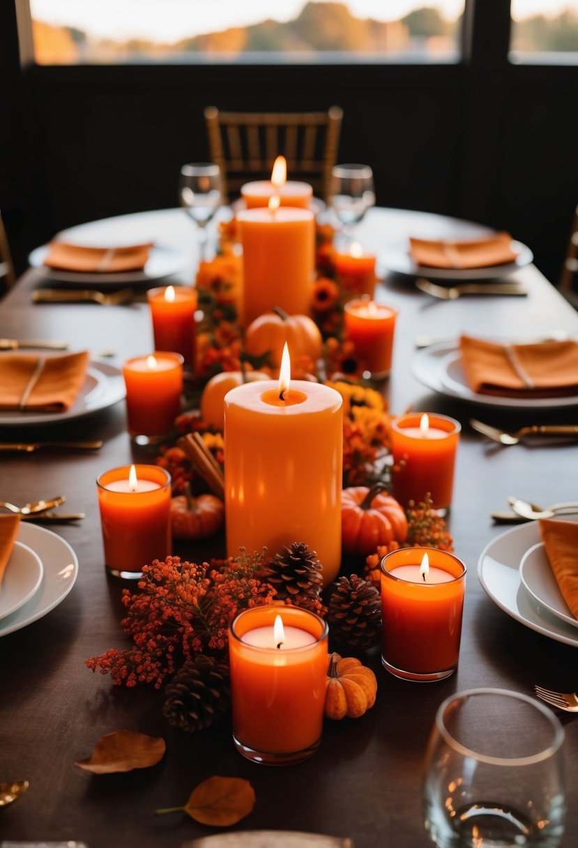 Autumn wedding table adorned with orange and cinnamon-scented candles for warm ambiance