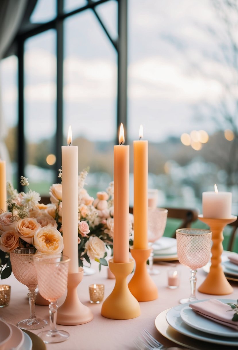 Apricot and blush pink candle holders arranged on a wedding table with delicate floral decorations